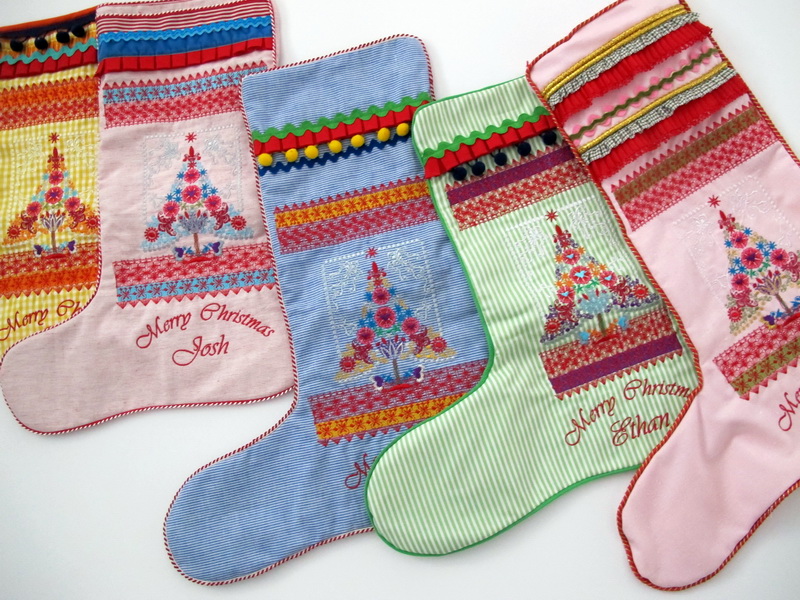 Christmas 2016 Machine Embroidery Designs, Christmas Stockings with decorative Christmas trees.