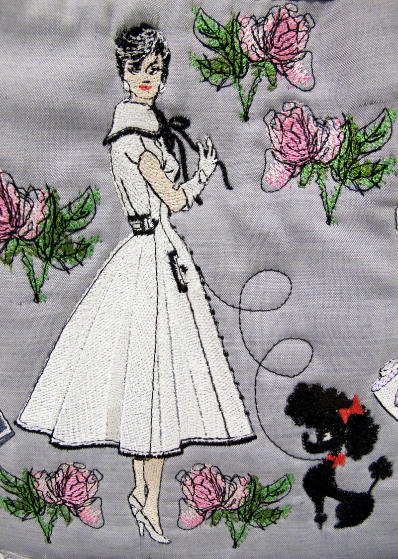 City Slicker Machine Embroidery Designs by Stitchingart. Bag with ladies, birds, eiffel tower roses and poodle.