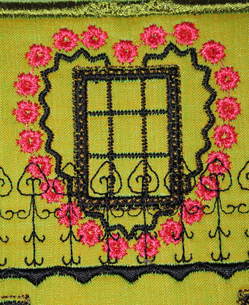 Country Chic Machine Embroidery Designs by Stitchingart. Plastic bag holder, country style with house, love heart windows, fencing, flowers in pot.