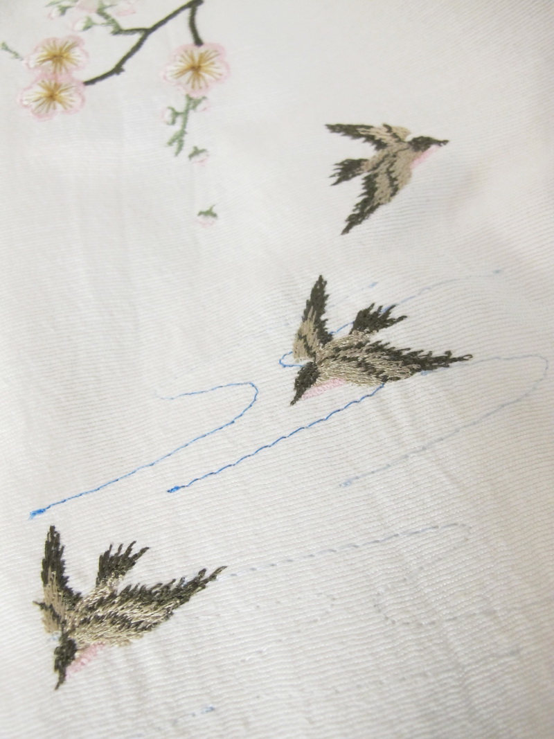 Kyoto Garden Machine Embroidery Designs Blouse with birds and Blossom Flowers. Japanese Kyoto Style.