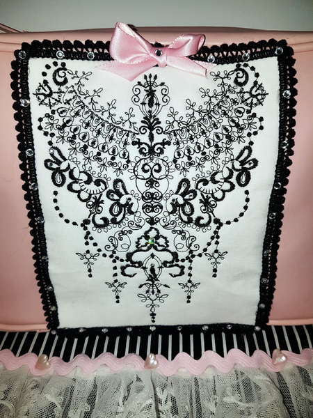 Material Girl Machine Embroidery Designs by Stitchingart. Embroidered artistic design sewn on a bag.