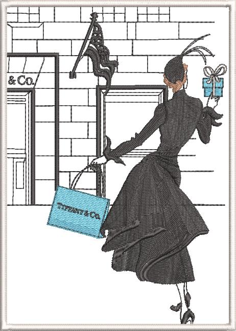 New York Machine Embroidery Designs by Stitchingart. Lady holding Tiffany and Co bag.