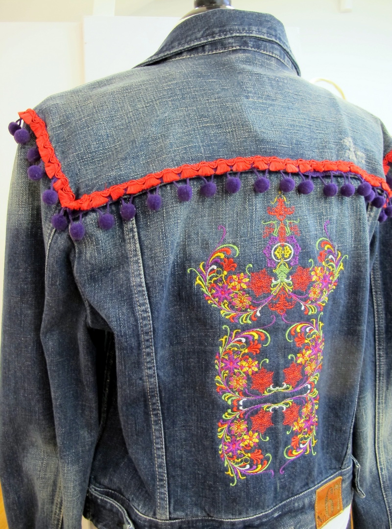 Nordic Delight Machine Embroidery Designs by Stitchingart. Artistic patterns and Colourful Jean Jacket