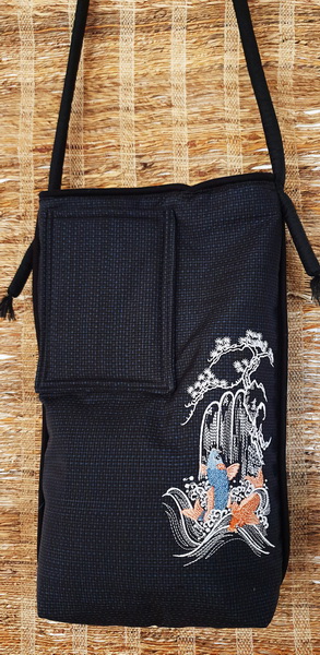 Spring of Life Machine Embroidery Design Bag. Black bag with Koi, waterfall and blossom tree. Back of bag