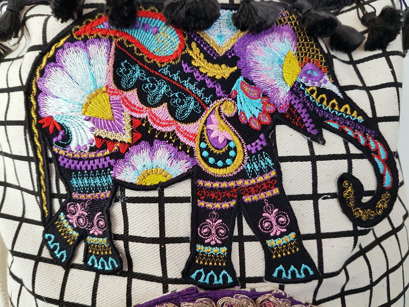 Wild and Free Machine Embroidery Designs by Stitchingart. Embroidered artistic elephant bag.