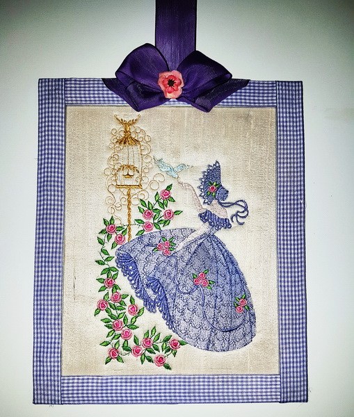 Crinoline Lady Machine Embroidery Designs. Lady with bonnet, old fashioned dress, birds and roses embroidered picture